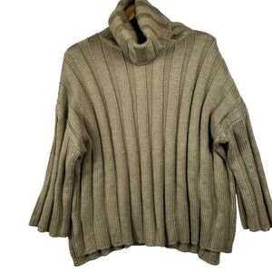 Zara Womens S Olive Green Oversized Chunky Turtleneck Knit Sweater Side Slits
